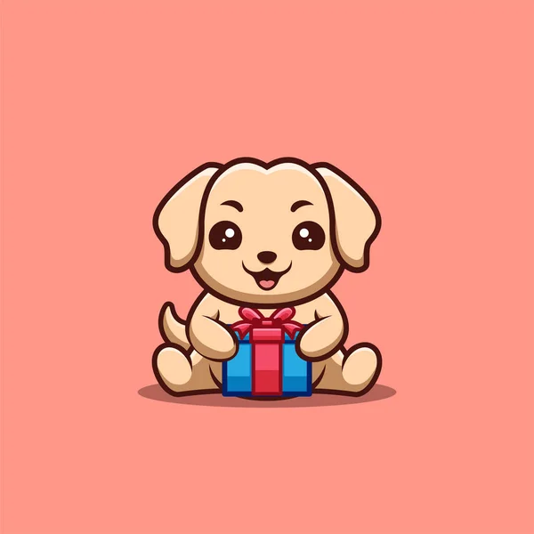 Retriever Sitting Gift Box Cute Creative Kawaii Cartoon Mascot Logo — Vector de stock
