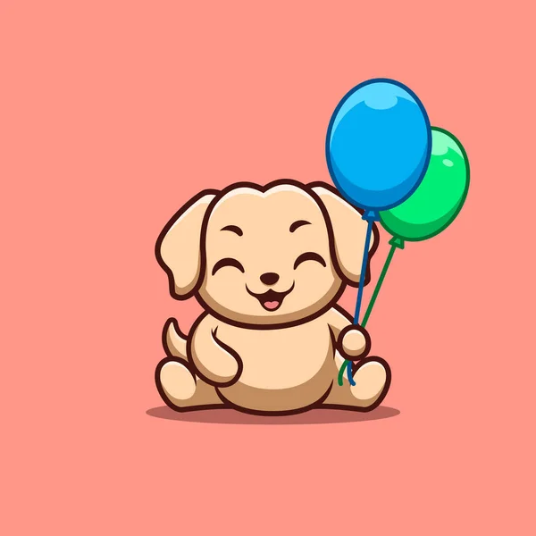 Retriever Sitting Hold Balloon Cute Creative Kawaii Cartoon Mascot Logo — Vetor de Stock