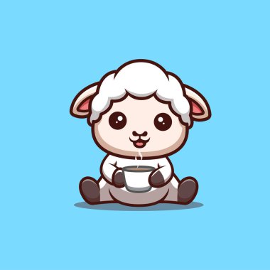 Sheep Sitting Drink Coffee Cute Creative Kawaii Cartoon Mascot Logo