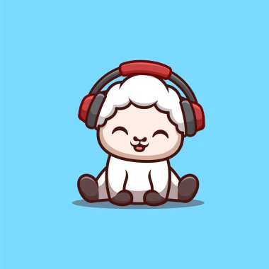 Sheep Sitting Hearing Music Cute Creative Kawaii Cartoon Mascot Logo