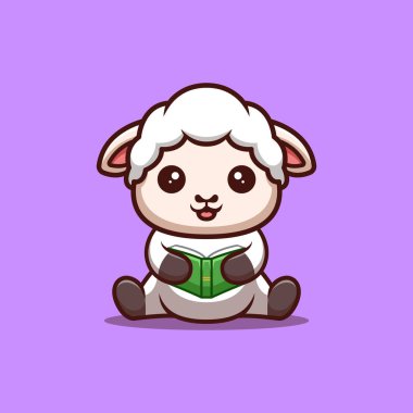 Sheep Sitting Reading Book Cute Creative Kawaii Cartoon Mascot Logo