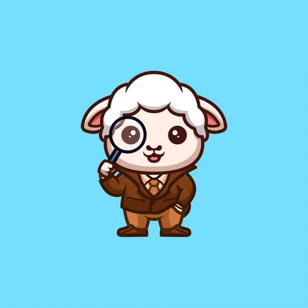 Овцы Detective Cute Creative Kawaii Cartoon Mascot Logo — стоковый вектор