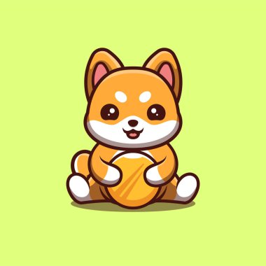 Shiba Inu Sitting Gold Coin Cute Creative Kawaii Cartoon Mascot Logo
