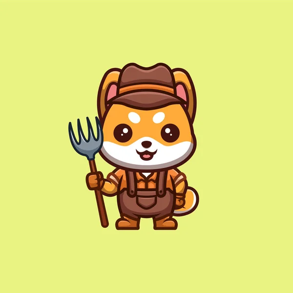 Shiba Inu Farmer Cute Creative Kawaii Cartoon Mascot Logo — Archivo Imágenes Vectoriales