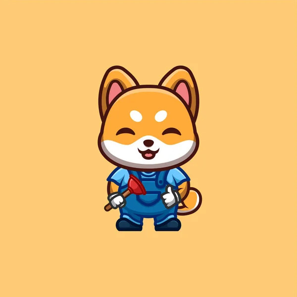 Shiba Inu Plumber Cute Creative Kawaii Cartoon Mascot Logo — Vector de stock