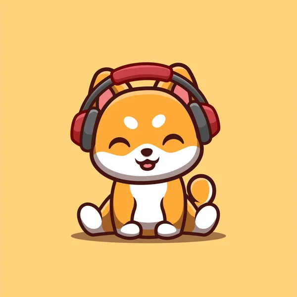 Shiba Inu Sitting Hearing Music Cute Creative Kawaii Cartoon Mascot — Vetor de Stock