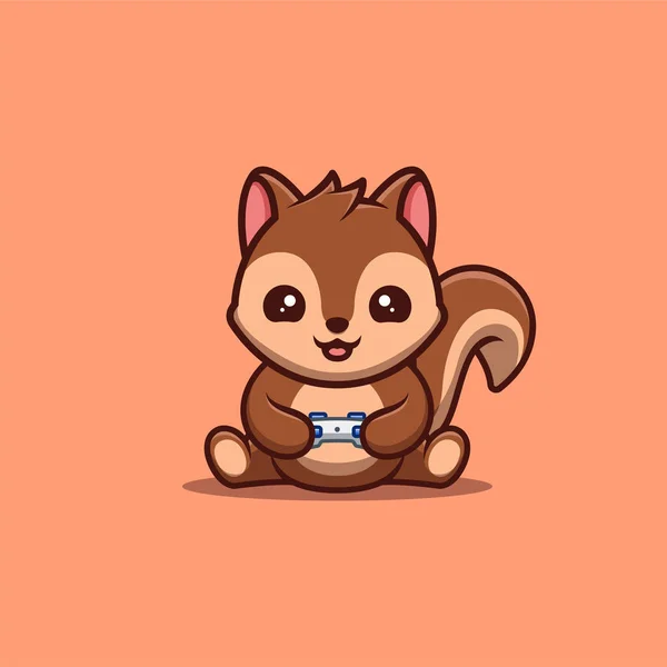 Squirrel Sitting Gaming Cute Creative Kawaii Cartoon Mascot Logo — Stockvektor