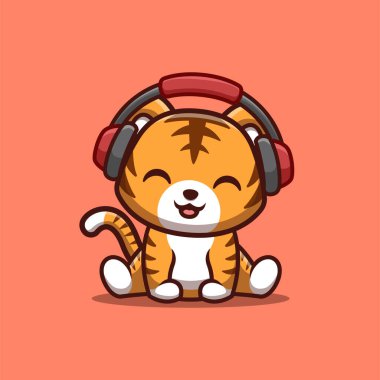 Tiger Sitting Hearing Music Cute Creative Kawaii Cartoon Mascot Logo