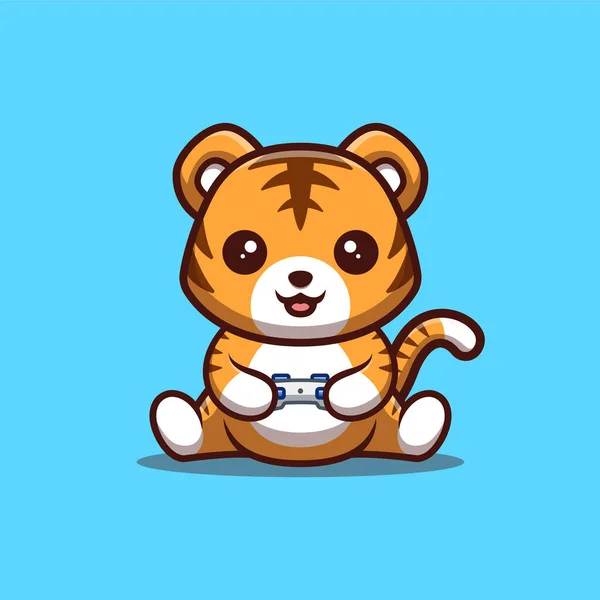Tiger Sitting Gaming Cute Creative Kawaii Cartoon Mascot Logo — Stockvektor