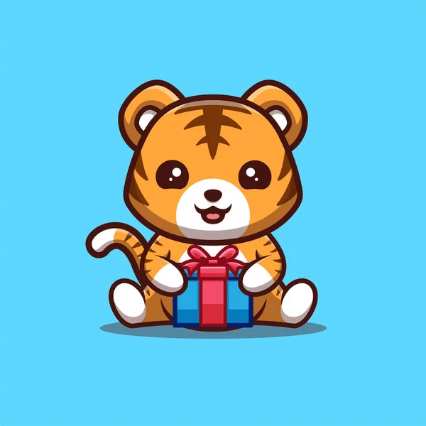 Tiger Sitting Gift Box Cute Creative Kawaii Cartoon Mascot Logo — Vector de stock