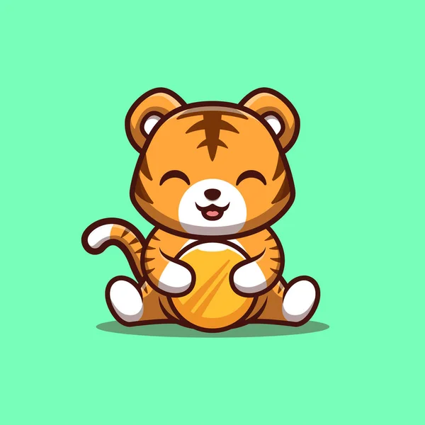 Tiger Sitting Gold Coin Cute Creative Kawaii Cartoon Mascot Logo — Stockvektor