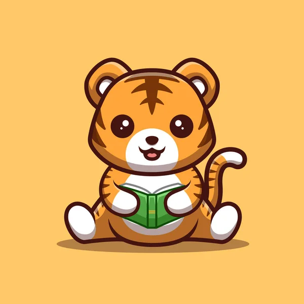 Tiger Sitting Reading Book Cute Creative Kawaii Cartoon Mascot Logo — Stockvektor