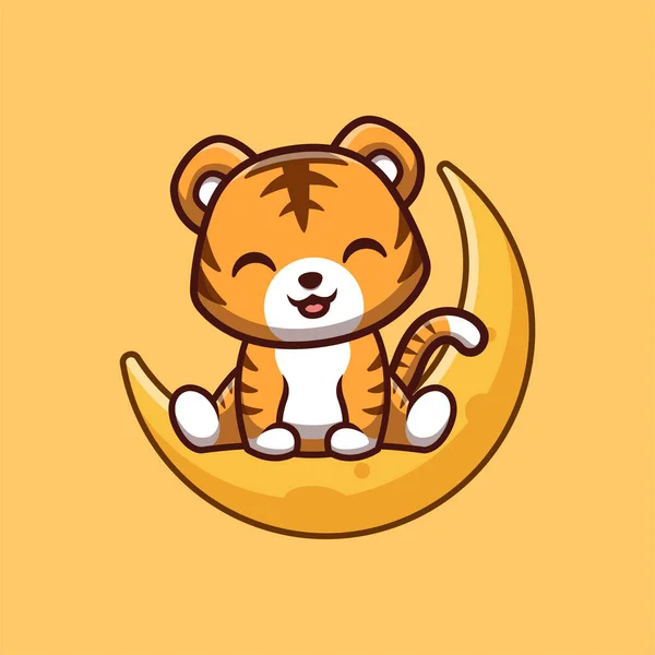 Tiger Sitting On Moon Cute Creative Kawaii Cartoon Mascot Logo