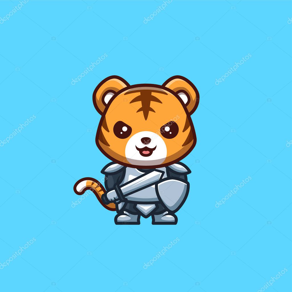 Tiger Knight Cute Creative Kawaii Cartoon Mascot Logo