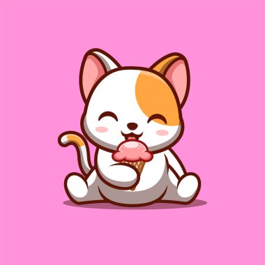 White Cat Sitting Eating Ice Cream Cute Creative Kawaii Cartoon Mascot Logo