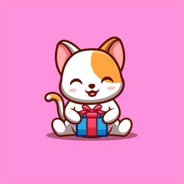 White Cat Sitting Gift Box Cute Creative Kawaii Cartoon Mascot Logo