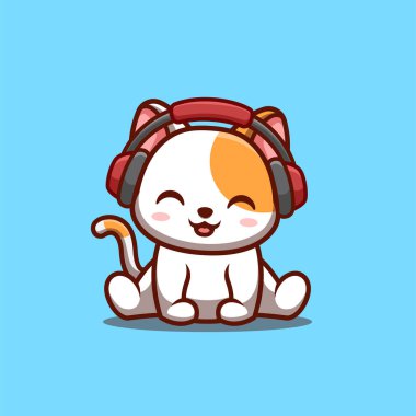 White Cat Sitting Hearing Music Cute Creative Kawaii Cartoon Mascot Logo