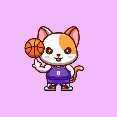 White Cat Basketball Cute Creative Kawaii Cartoon Mascot Logo