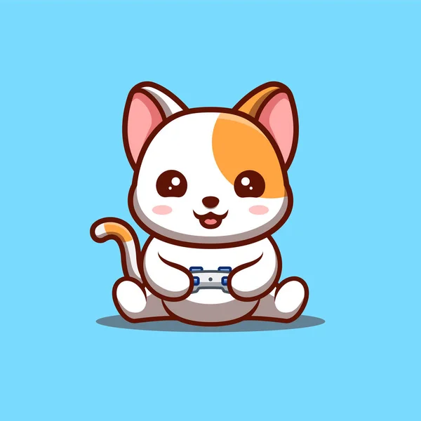 White Cat Sitting Gaming Cute Creative Kawaii Cartoon Mascot Logo — Stock vektor