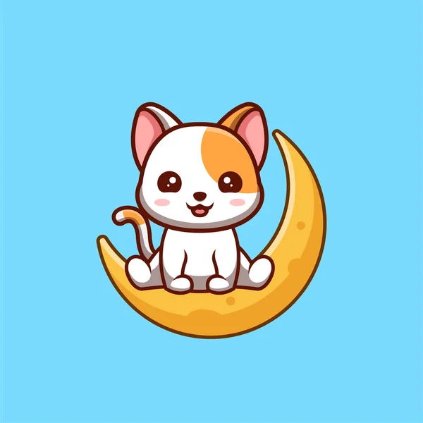 White Cat Sitting Moon Cute Creative Kawaii Cartoon Mascot Logo - Stok Vektor