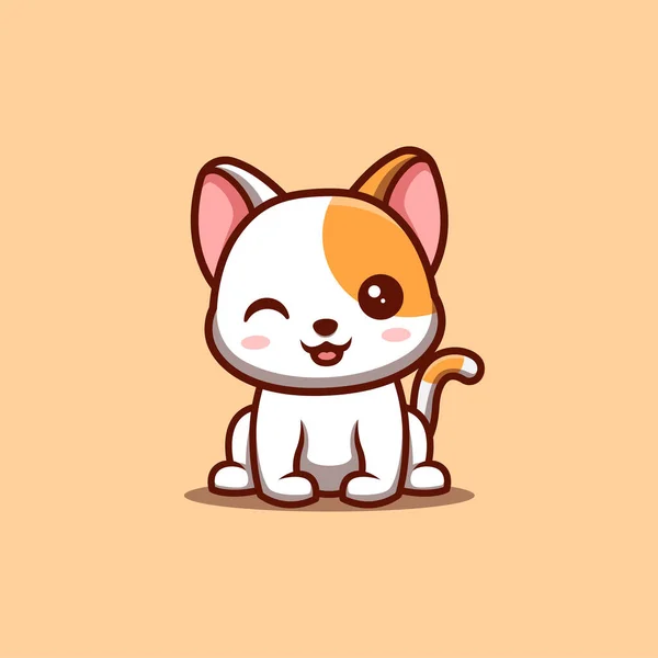 White Cat Sitting Winking Cute Creative Kawaii Cartoon Mascot Logo