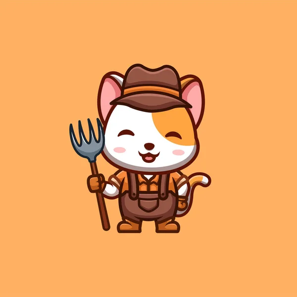White Cat Farmer Cute Creative Kawaii Cartoon Mascot Logo — Stockvektor