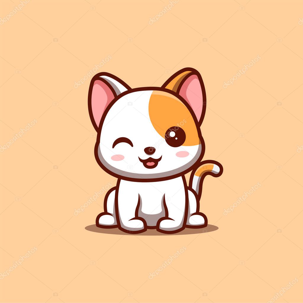 White Cat Sitting Winking Cute Creative Kawaii Cartoon Mascot Logo