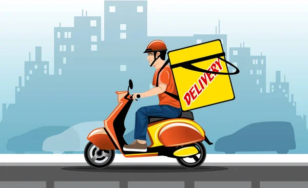 Illustrazione Fattorino Frettoloso Uno Scooter Con Una Grande Borsa Alle — Vettoriale Stock