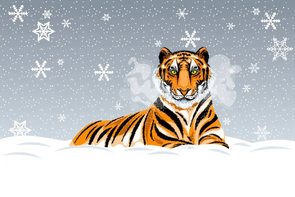 Illustration Resting Red Haired Tiger Background Winter Snowy Day — Stock Vector