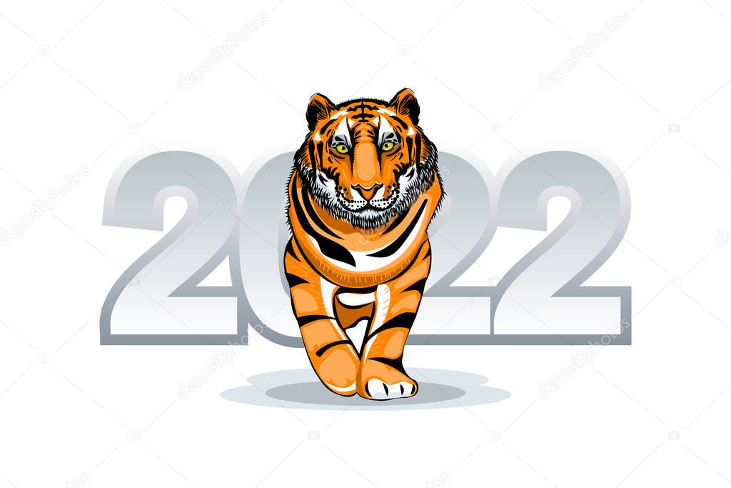 Illustration of the Big Tiger on the background of the numbers 2022. Chinese astrology.