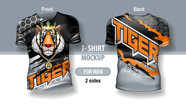 Shirt Man Front Back Tiger Head Abstract Background Mock Double — Stock Vector