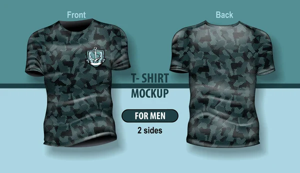 Shirt Voor Man Voor Achter Blauw Camouflage Patroon Mock Voor — Stockvector