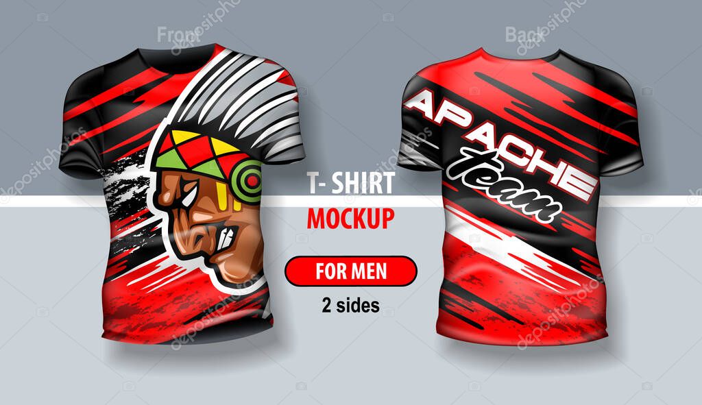 T-shirt for man front and back with Apache team logo. Mock-up for double-sided printing, layered and editable