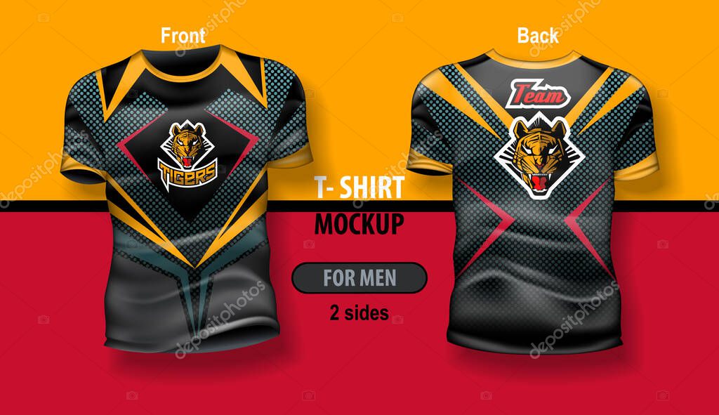 T-shirt for man front and back with team logo on abstract background. Mock-up for double-sided printing, layered and editable