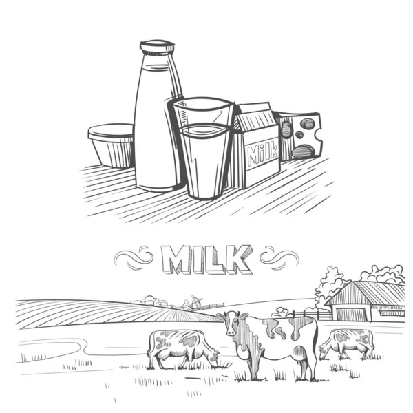 Set Hand Drawings Milk Theme — Stock Vector