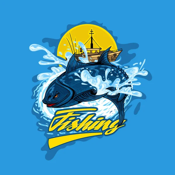 Illustration Fischerboot Beim Thunfischfang Handgezeichnetes Stilbild Für Den Druck Auf — Stockvektor