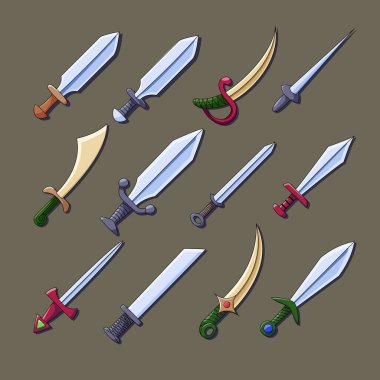 Kılıçlar ve bıçaklar oyunlar ve çizimler için ayarlandı. Farklı tipler.