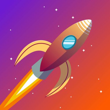 Oyun ve animasyonlar için uzayda turuncu egzotik roket çizimi.