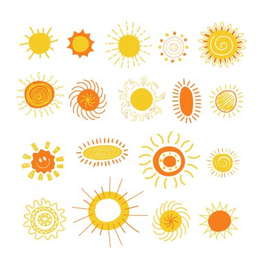 Elle çizilmiş güneş demeti. Farklı stiller ve vuruşlar.