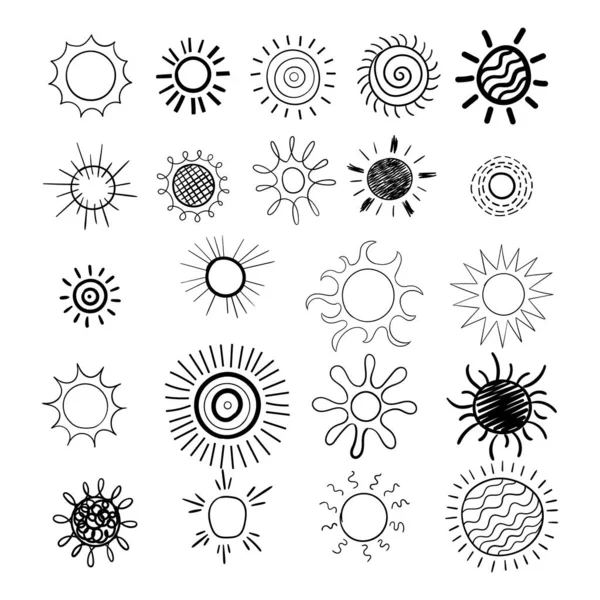 Elle çizilmiş güneş paketi. Farklı stiller ve vuruşlar.