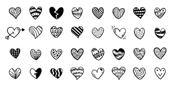 Coeurs Écrits Main Dans Différents Styles Formes — Image vectorielle