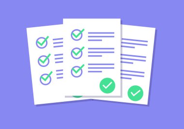 Kontrol listesi belgesi. Görev tamamlandı. Mor ve yeşil.