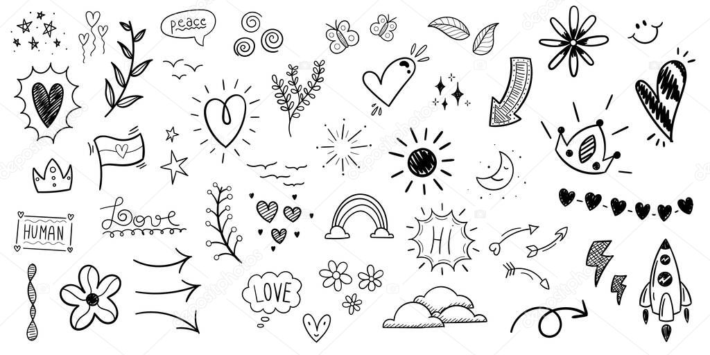 Hand drawn doodle love design. Hearts, love and elements.