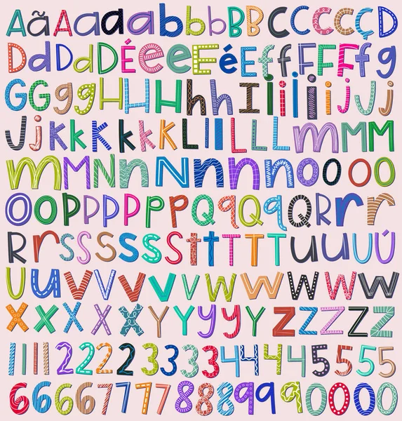 カラフルな子供のアルファベット スタイルの異なる各文字と数字 — ストックベクタ