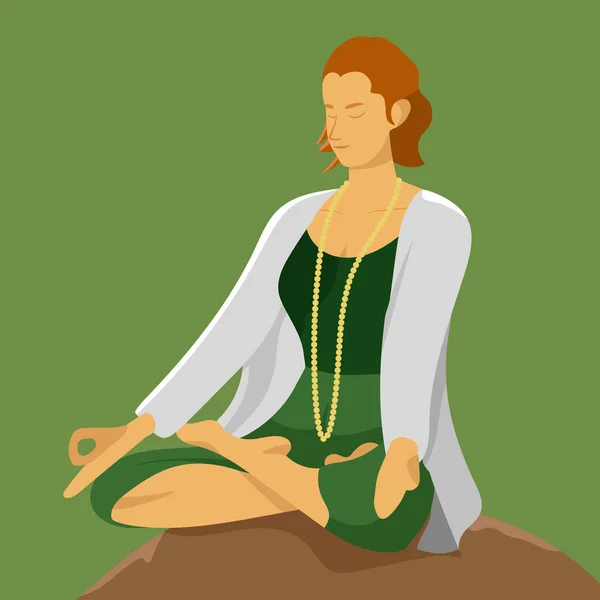 Жінка Медитує Сидячи Камені Зеленим Тлом — стоковий вектор