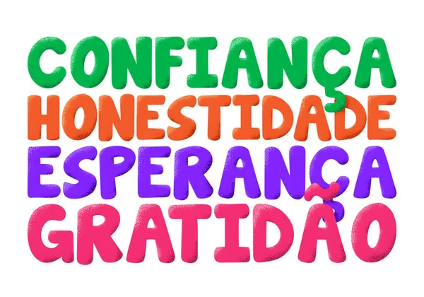 Colorful Beautiful Words Brazilian Portuguese Translation Confidence Honesty Hope Gratitude — Archivo Imágenes Vectoriales