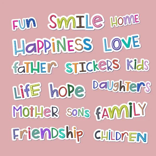 Comic Family Words Stickers Irregular Colorful Children Letters Random Styles — Stock Vector