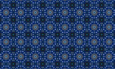 Soyut arkaplanı olan kusursuz bir model. Siyah ve mavi renkli klasik çiçek deseni..