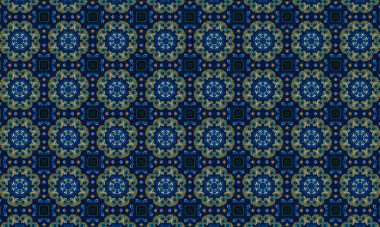 Soyut arkaplanı olan kusursuz bir model. Siyah ve mavi renkli klasik çiçek deseni..