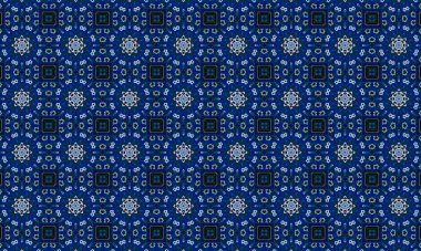 Soyut arkaplanı olan kusursuz bir model. Siyah ve mavi renkli klasik çiçek deseni..